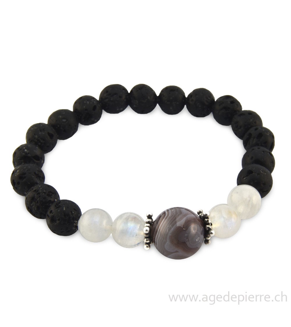 Bracelet avec lave, labradorite blanche, agate et argent l'Âge de pierre Vevey