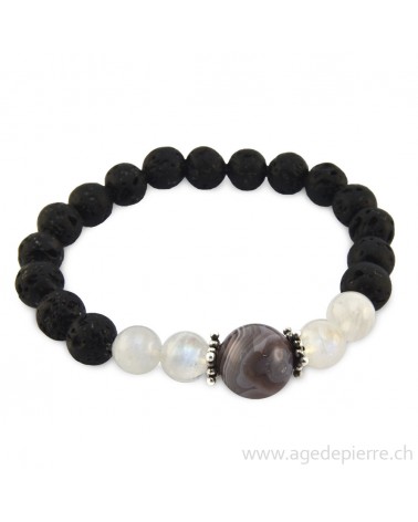 Bracelet avec lave, labradorite blanche, agate et argent l'Âge de pierre Vevey