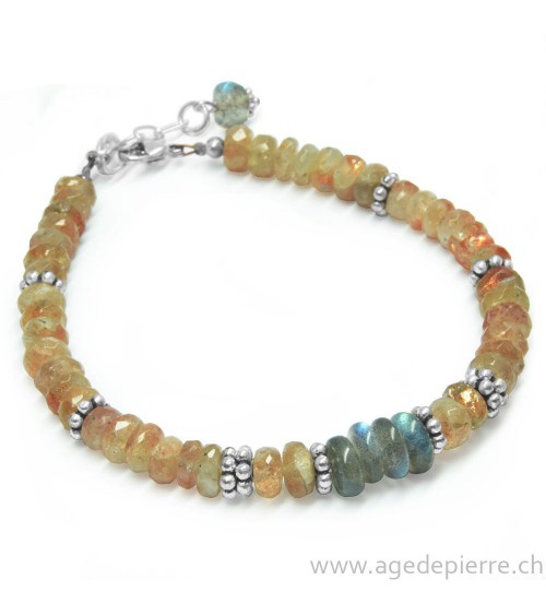 Bracelet avec pierre de soleil facettée, labradorite et argent