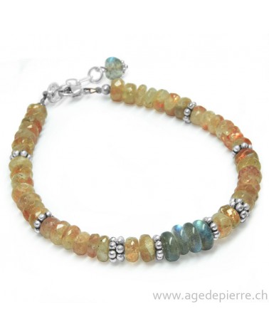 Bracelet avec pierre de soleil facettée, labradorite et argent