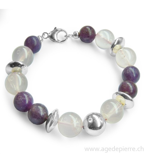 Bracelet quartz rose, lépidolite et argent
