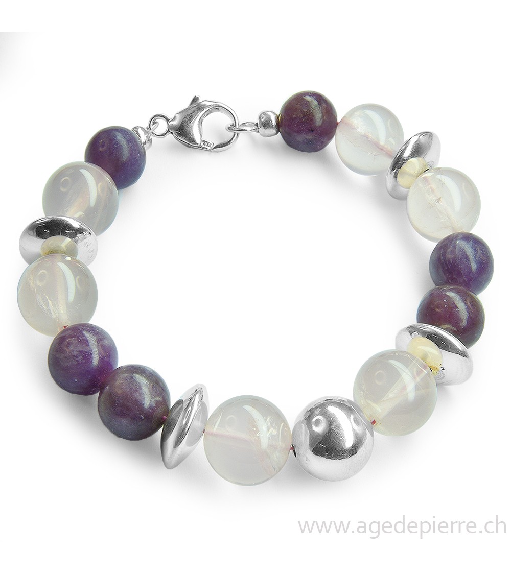 Bracelet quartz rose, lépidolite et argent