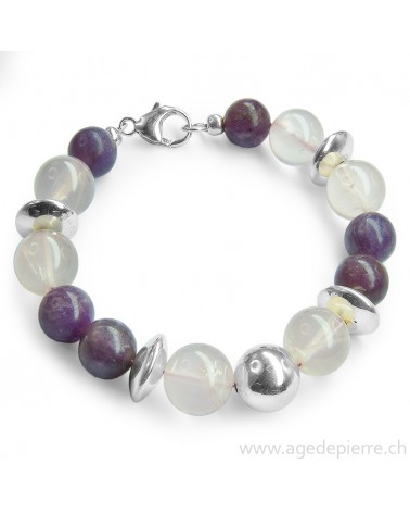 Bracelet quartz rose, lépidolite et argent