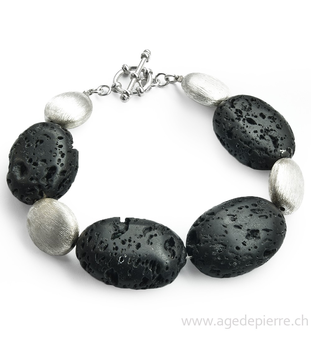Bracelet lave et argent brossé