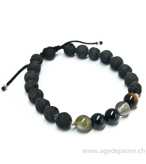 Bracelet shamballa "protection" avec lave, oeil de tigre, quartz fumé, tourmaline, obsidienne oeil-céleste et labradorite