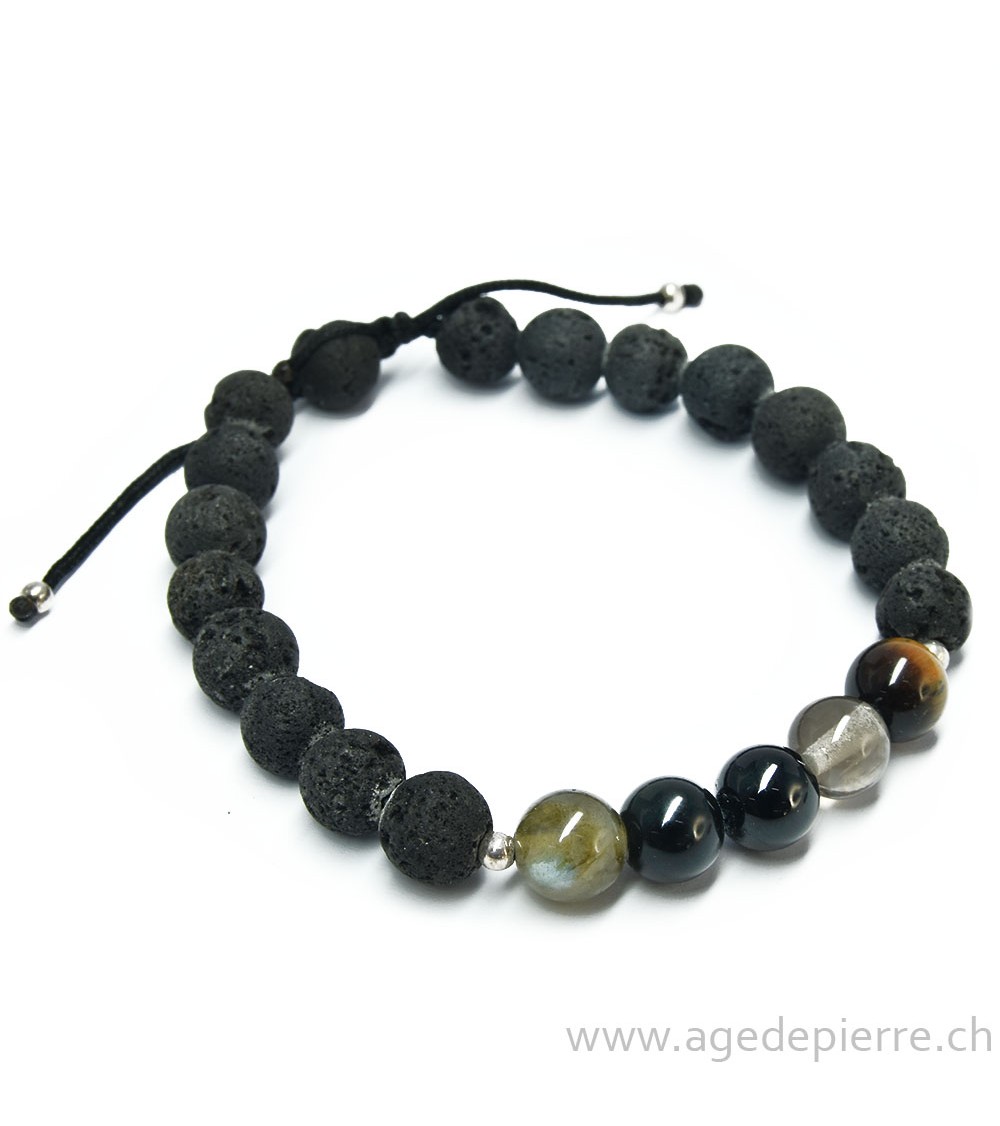 Bracelet shamballa "protection" avec lave, oeil de tigre, quartz fumé, tourmaline, obsidienne oeil-céleste et labradorite