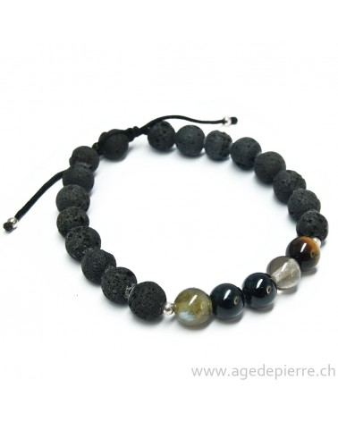 Bracelet shamballa "protection" avec lave, oeil de tigre, quartz fumé, tourmaline, obsidienne oeil-céleste et labradorite