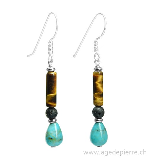 Boucles d'oreille Zen turquoise, oeil-de-tigre, lave et argent