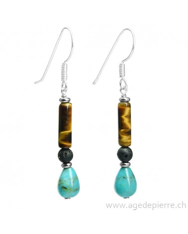 Boucles d'oreille Zen turquoise, oeil-de-tigre, lave et argent