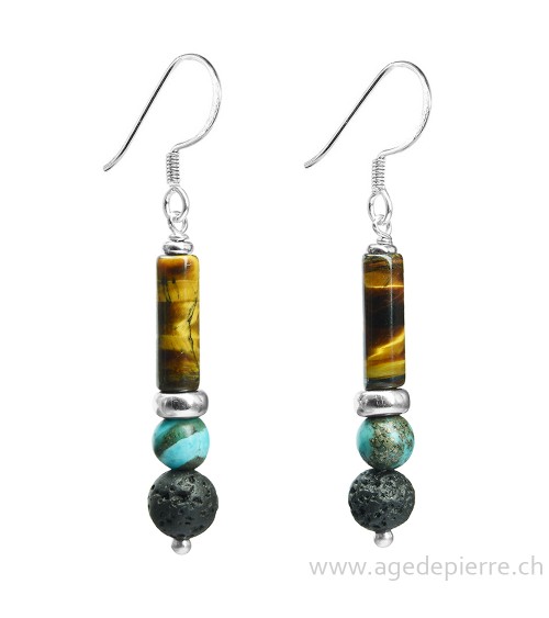 Boucles d'oreille Zen turquoise, oeil-de-tigre, lave et argent