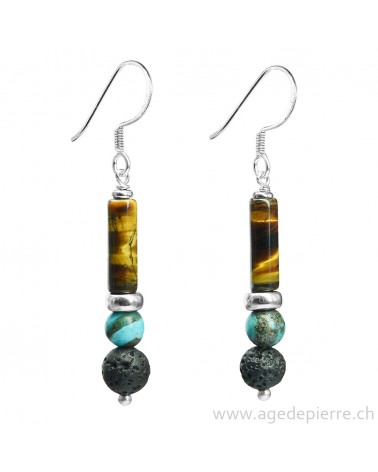 Boucles d'oreille Zen turquoise, oeil-de-tigre, lave et argent