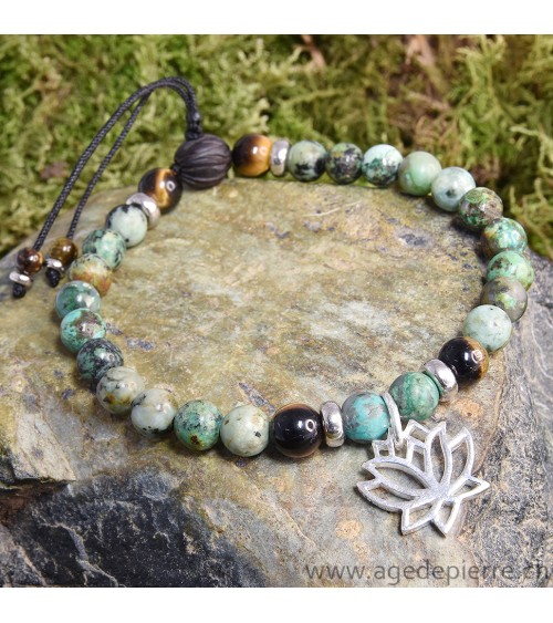 Bracelet Zen avec turquoise, oeil-de-tigre, bois et lotus en argent