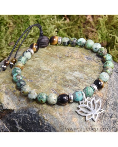 Bracelet Zen avec turquoise, oeil-de-tigre, bois et lotus en argent
