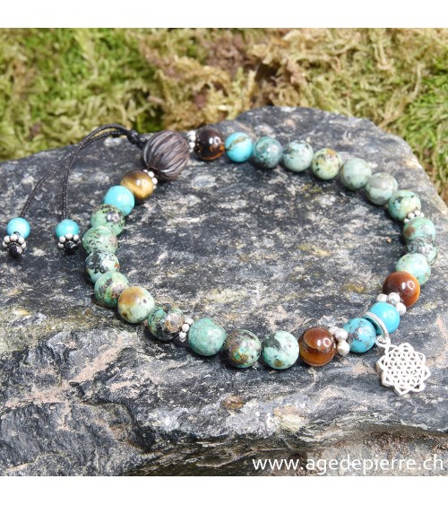 Bracelet Zen avec turquoise, oeil-de-tigre, bois et mandala en argent