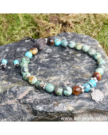 Bracelet Zen avec turquoise, oeil-de-tigre, bois et mandala en argent