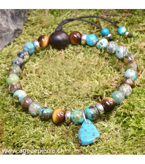 Bracelet Zen avec turquoise, oeil-de-tigre, bois et argent 925