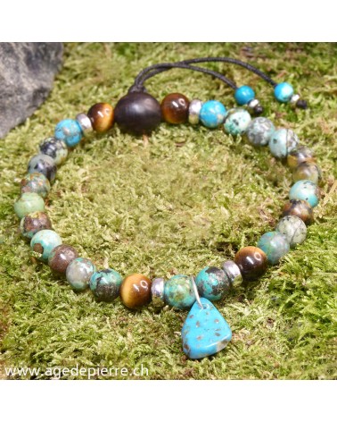 Bracelet Zen avec turquoise, oeil-de-tigre, bois et argent 925
