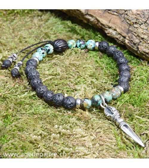 Bracelet Zen avec turquoise, lave, bois et Phurba en argent