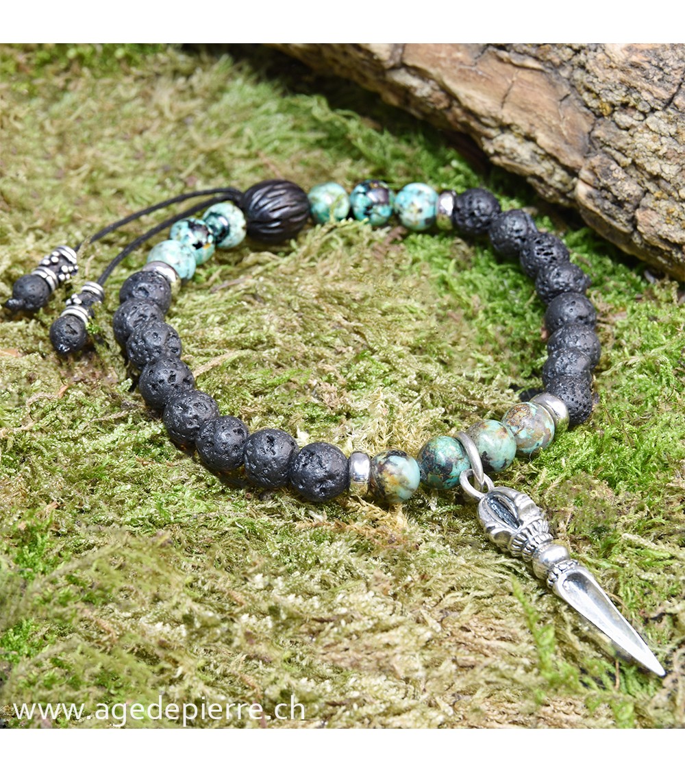 Bracelet Zen avec turquoise, lave, bois et Phurba en argent