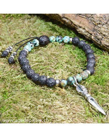 Bracelet Zen avec turquoise, lave, bois et Phurba en argent