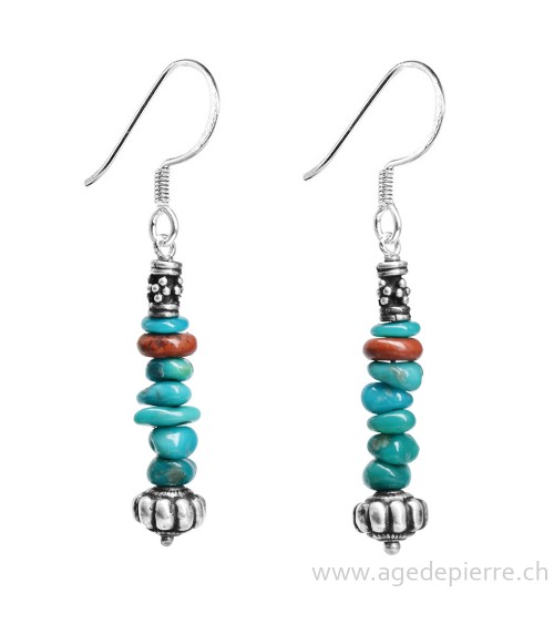 Boucles d'oreille Zen turquoise, jaspe rouge et argent