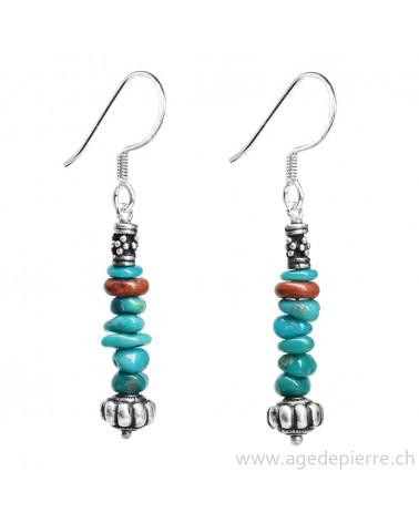 Boucles d'oreille Zen turquoise, jaspe rouge et argent