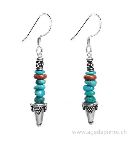 Boucles d'oreille Zen turquoise, jaspe rouge et argent