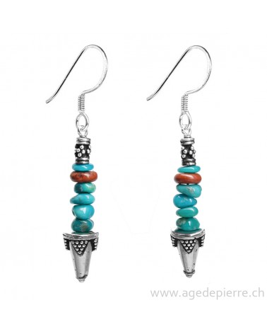Boucles d'oreille Zen turquoise, jaspe rouge et argent