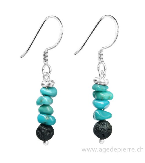 Boucles d'oreille Zen turquoise, lave et argent