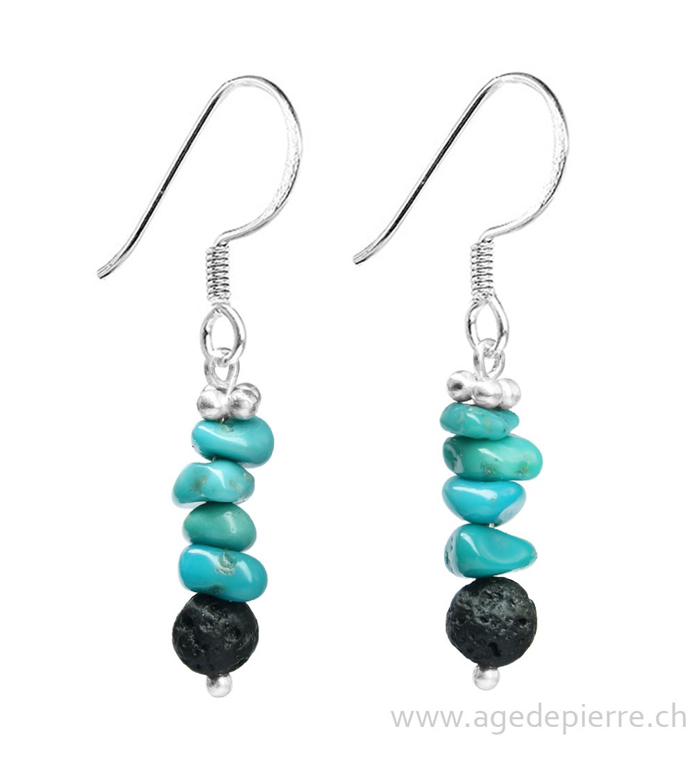 Boucles d'oreille Zen turquoise, lave et argent