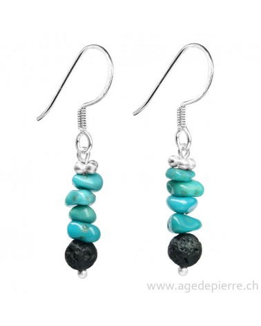 Boucles d'oreille Zen turquoise, lave et argent