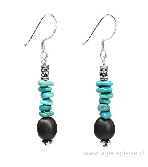 Boucles d'oreille Zen turquoise, bois et argent