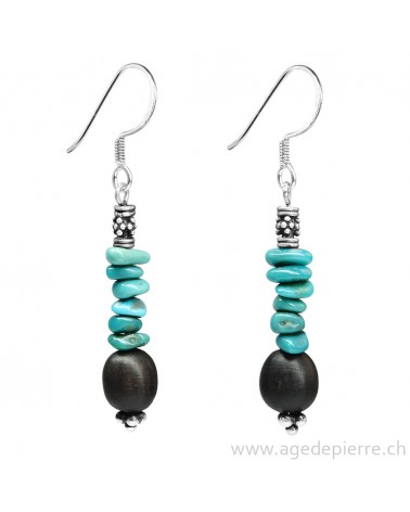 Boucles d'oreille Zen turquoise, bois et argent