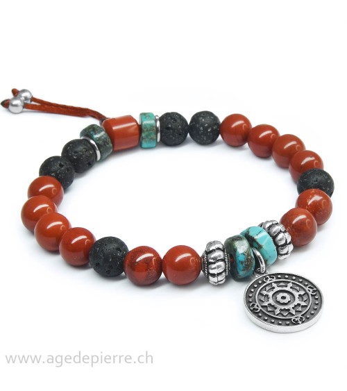 Bracelet Zen avec turquoise, jaspe rouge, lave et médaille en argent
