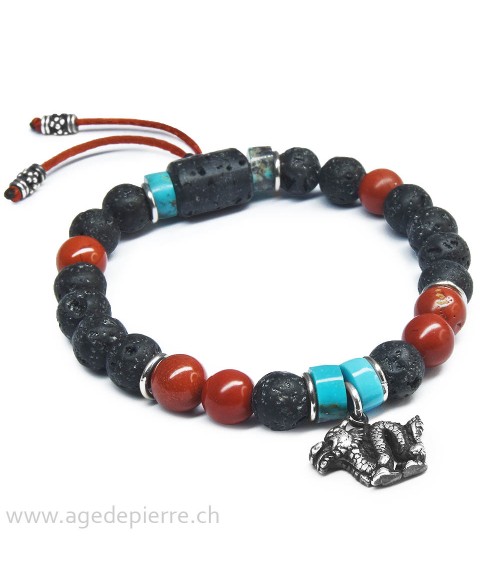 Bracelet Zen avec turquoise, jaspe rouge, lave et dragon en argent