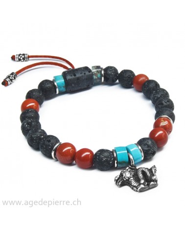 Bracelet Zen avec turquoise, jaspe rouge, lave et dragon en argent