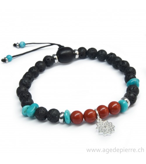 Bracelet Zen avec turquoise, jaspe rouge, lave et mandala en argent