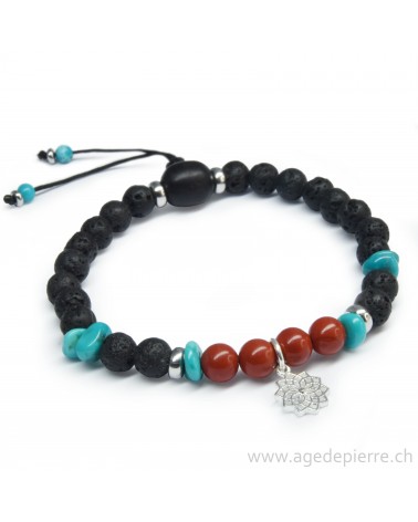 Bracelet Zen avec turquoise, jaspe rouge, lave et mandala en argent