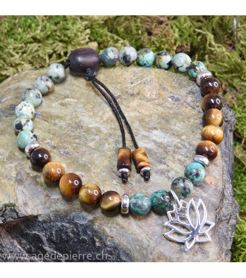 Bracelet Zen avec turquoise, oeil-de-tigre, bois et lotus en argent