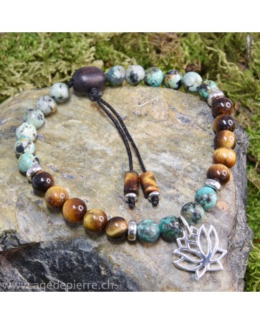 Bracelet Zen avec turquoise, oeil-de-tigre, bois et lotus en argent