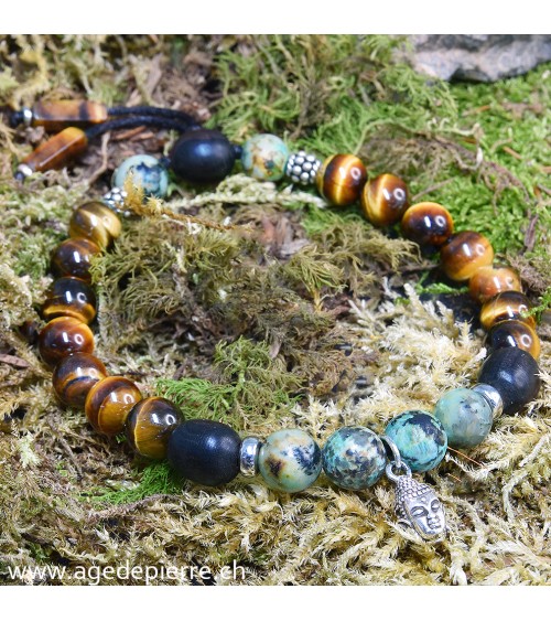 Bracelet Zen avec turquoise, oeil-de-tigre, bois et argent 925