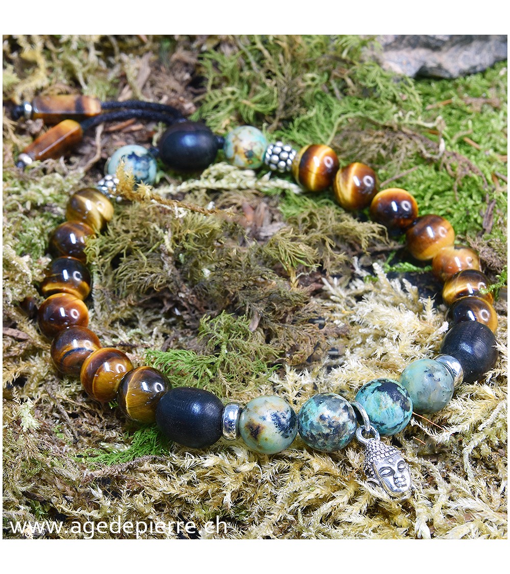 Bracelet Zen avec turquoise, oeil-de-tigre, bois et argent 925