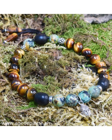 Bracelet Zen avec turquoise, oeil-de-tigre, bois et argent 925