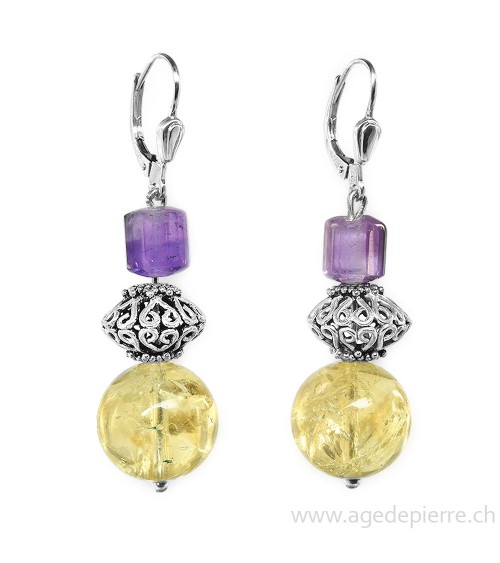 Boucles d'oreille en argent 925 avec citrine et améthyste