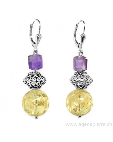 Boucles d'oreille en argent 925 avec citrine et améthyste