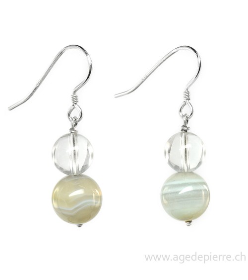 Boucles d'oreilles argent, agate et cristal de roche l'Âge de pierre Vevey