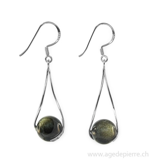 Boucles d'oreilles obsidienne dorée et argent 925