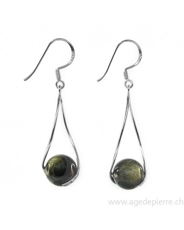 Boucles d'oreilles obsidienne dorée et argent 925