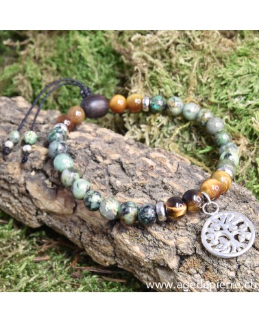 Bracelet Zen avec turquoise, oeil-de-tigre, bois et arbre de vie en argent